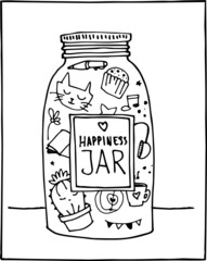 Happiness concept. A jar with elements, which make you happy: music, food, cat, flower, cafe, stars, plants.  