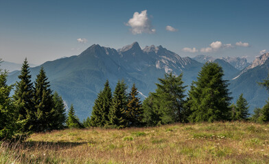 Dolomites mountain views, as seen from the hiking trail from Antelao refuge to Calalzo village via...