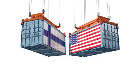 Freight containers with USA and Finland flag. 3D Rendering 