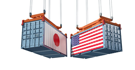 Freight containers with USA and Japan flag. 3D Rendering 