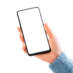 Hand holding mobile phone with white screen isolated on a white background