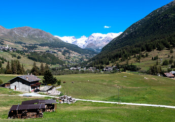 The Monte Rosa chain seen from Antagnod, Val D'Ayas. Val D'Aosta, Italy