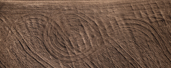 Field plowed with tractor tracks, top view