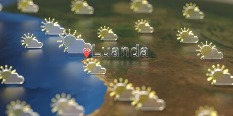 Partly cloudy weather icons near Luanda city on the map, weather forecast related 3D rendering
