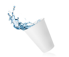 Pure blue water splashing from paper cup isolated on white background