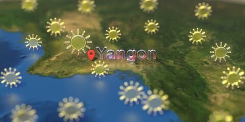 Sunny weather icons near Yangon city on the map, weather forecast related 3D rendering
