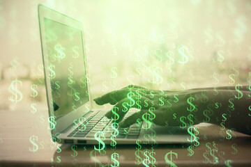 Double exposure of woman hands typing on computer and forex chart hologram drawing. Stock market invest concept.