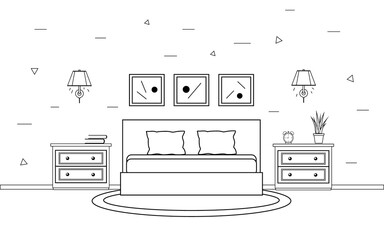 Bedroom interior in line art style. Modern bedroom interior with furniture. Vector illustration, isolated on white background