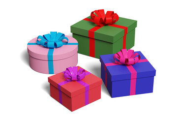 Four gift box pink green blue and red with bows isolated on a white background. 3d illustration.