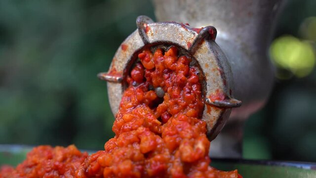 Close up outdoor on grinder mill with vegetables preparing paprika baked red pepper for ajvar national dish in balkan - healthy organic food concept
