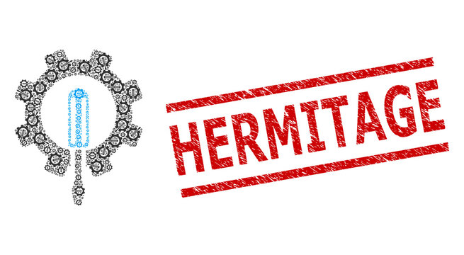 Recursive combination engineering and Hermitage dirty stamp seal. Stamp seal includes Hermitage tag between parallel lines. Vector mosaic is composed of random engineering icons.