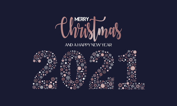 Merry Christmas and a happy new year 2021 mosaic snowflake illustration, winter holidays calligraphy text vector 