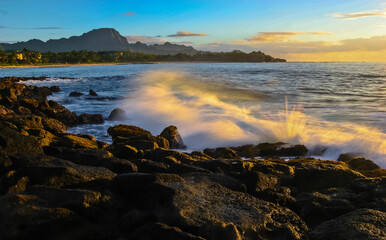 Sunrise on Shipwreck Beach with Ha'upu Ridge In The Distance , Poipu, Kauai, USA