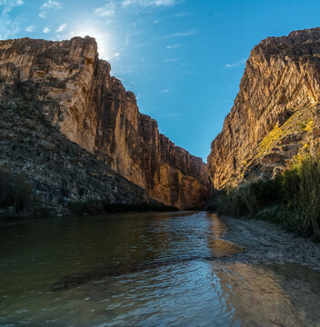 The Rio Grand River Flows Through The High Limestone Walls Of Santa Elena Canyon, Big Bend National Park, Texas, USA