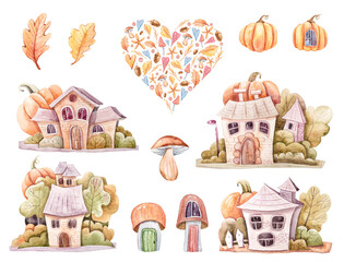 Watercolor hand painted gnome houses clipart for Halloween party invitations, greeting cards with pumpkins, fairy houses, mushrooms, heart. Can be used for poster, print, pattern