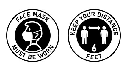 Set of Circular Measure Warning Signs against the Spread of Coronavirus including Face Mask Must Be Worn and Keep Your Distance 6 Feet. Vector Image.