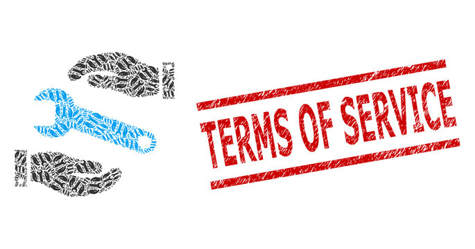 Recursive composition service and Terms of Service textured stamp print. Stamp includes Terms of Service tag between parallel lines. Vector mosaic is organized from recursive service items.