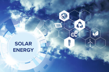 Solar energy concept. Scheme with icons and sky on background