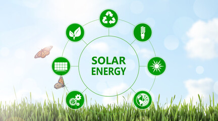 Solar energy concept. Scheme with icons and sky over green grass on background