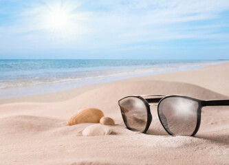 Fototapeta na wymiar Shells and stylish sunglasses on sandy beach near sea