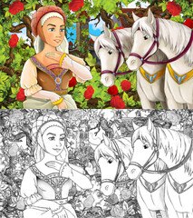 cartoon sketch scene with princess in garden horses