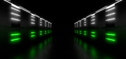 Fototapeta premium A dark corridor lit by colorful neon lights. Reflections on the floor and walls. 3d rendering image.