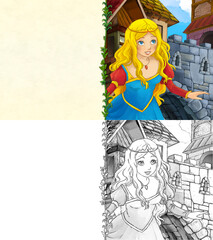 Obraz na płótnie Canvas cartoon sketch scene with princess in the castle town