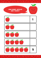 Child kids kindergarten homeschooling counting learn worksheet with cute apple fruit illustration vector template