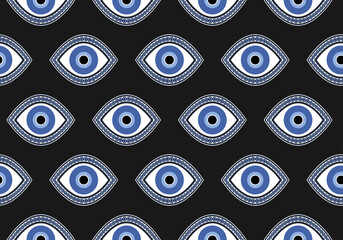 Blue eyes  vector, black background, traditional cultural symbol, protection from evil eye seamless pattern