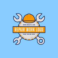 Engineer Technician mechanic Repair Work logo badge emblem with wrench and safety hard helmet illustration
