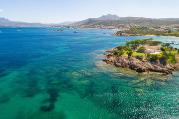 Aerial shot in Sardinia with wonderful beaches and stunning landscapes