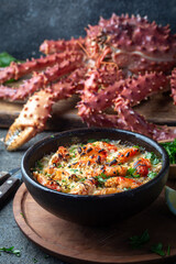 Chilean food. Baked crabmeat crab meat with cheese, cream and bread. Pastel o chupe de sentolla or king crab