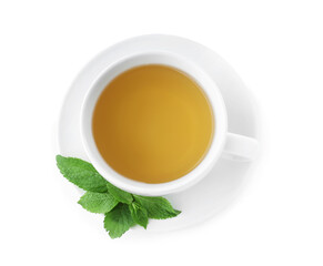 Cup with hot aromatic mint tea isolated on white, top view