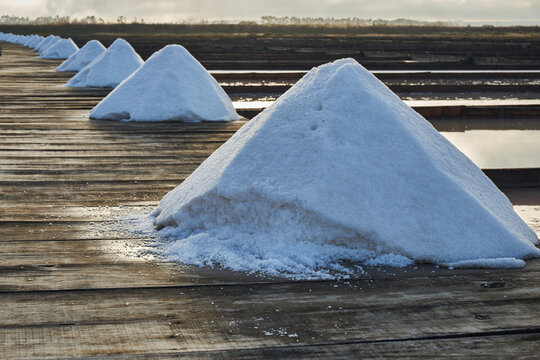 Traditional salt extraction camp (Salinas) with piles of extracted salt at sunrise - Figueira da Foz,Portugal