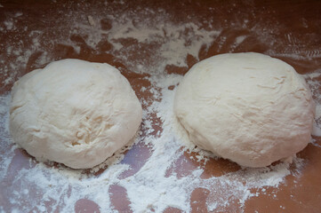 two buns of dough for baking pizza, covered with wheat flour, on a wooden table