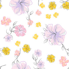 Pink Flowers Blooming Pattern. Pastel Watercolor.