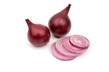 Red onion heads on a white background.