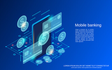 Obraz premium Mobile banking, money transfer, financial transaction flat 3d isometric vector concept illustration