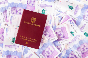 Colombian passport on Colombian money