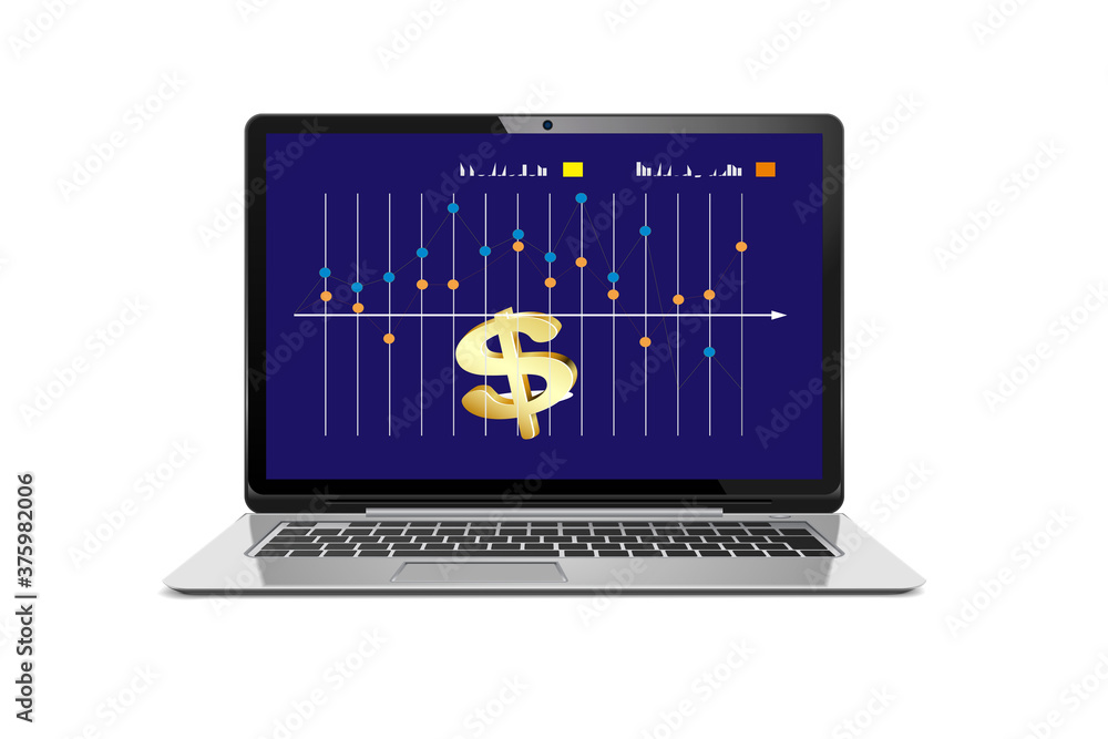 Poster laptop computer isolated on white background and business graph concept
