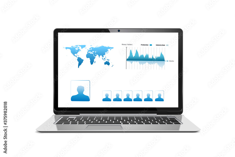 Poster laptop computer isolated on white background and business graph concept