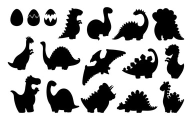 Dinosaur black silhouette set. Reptile shape collection, predators and herbivores dino. Funny dinosaurs. Kids design for fabric or textile. Vector illustration isolated