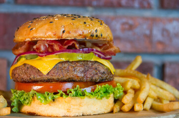 Bacon Cheese Burger with French Fries