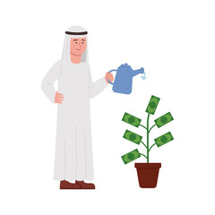 Concept Illustration of Arabian Man Investing Money With Watering Plant Cartoon