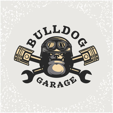 Dog head auto repair and custom Garage logo. Design element for company logo, label, emblem, sign, apparel or other merchandise. Scalable and editable Vector illustration.