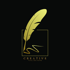 feather pen logo gold with square line vector design template