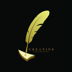 feather pen logo gold with 3 Layered arrowheads vector design template