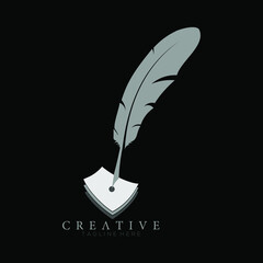 feather pen logo white with 3 sheets of paper vector design template