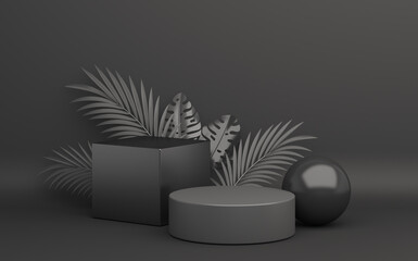 Black Friday podium with palm leaves, product display mock up on studio lighting background. 3D rendering illustration.