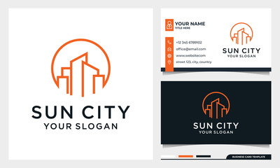 Sun with line art Building Logo Design, Moon City, Real estate, architecture Vector with business card template